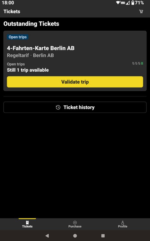 BVGアプリ（BVG Fahrinfo）の画面、まだ1枚地下鉄の回数券が残っていた。