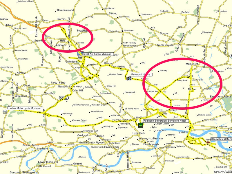 旅の思い出に ガーミン（GAMIN）の携帯GPS eTrex 赤で囲んだところはコースを外れてしまった所 @London