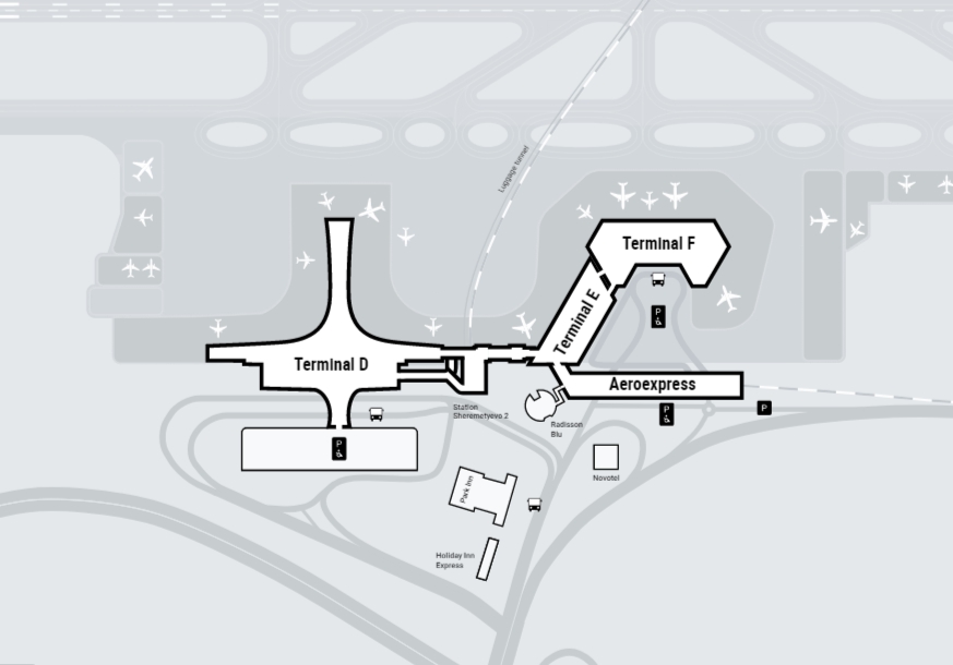 大空港の乗り継ぎ（トランジット）のミスとロストバゲージの恐怖 ターミナルD E F の配置図 @シェレメーチエヴォ国際空港 