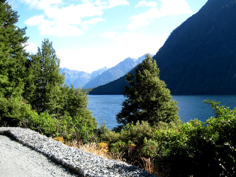 海外ツーリング ニュージーランド ロード オブ ザ リング オートバイレンタル ミルフォード サウンドに ミルフォード ロード フィヨルドクルーズ  ガン湖 @Lake Gunn